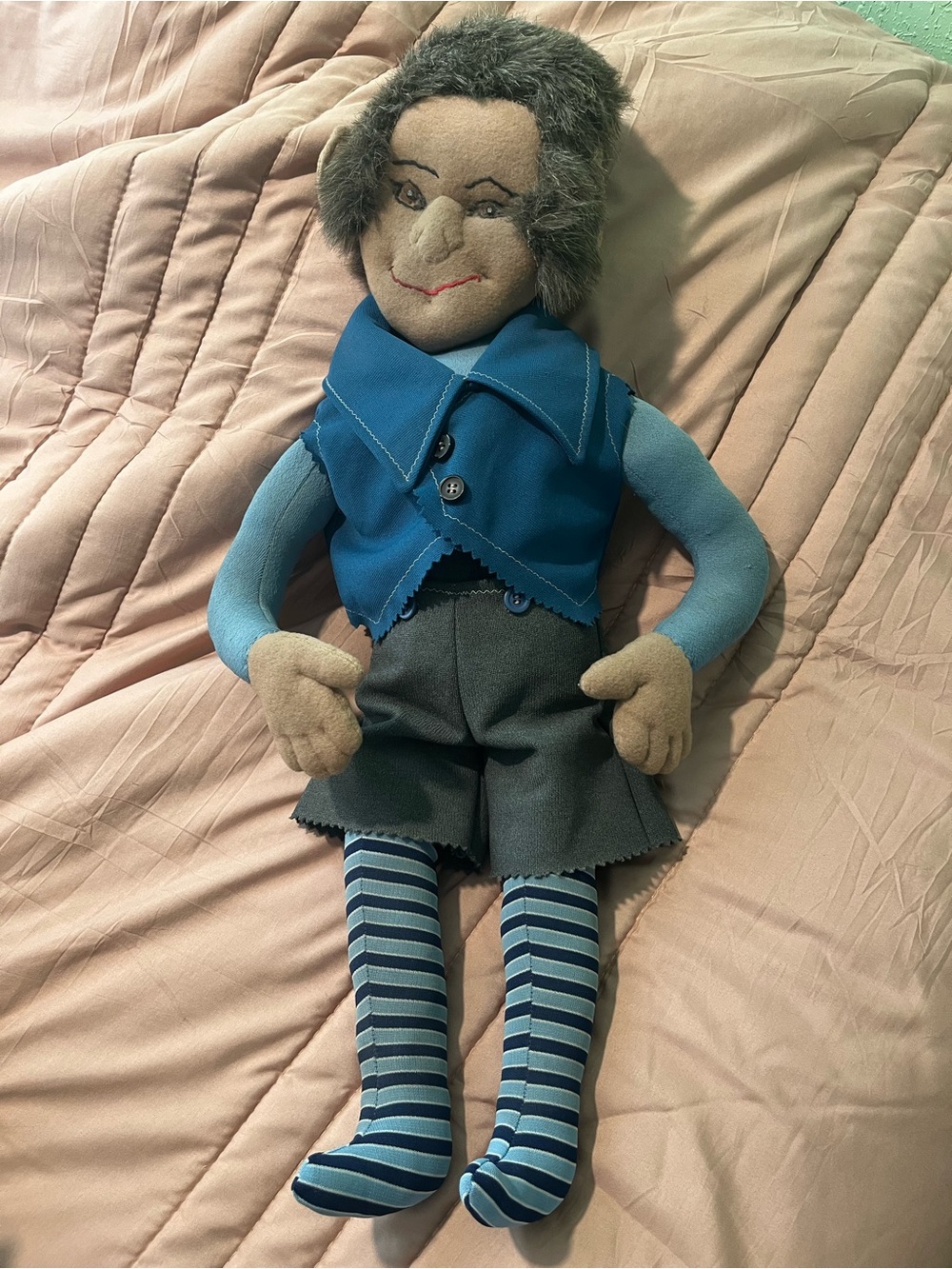 Handmade Blue Cloth Doll with Striped Legs